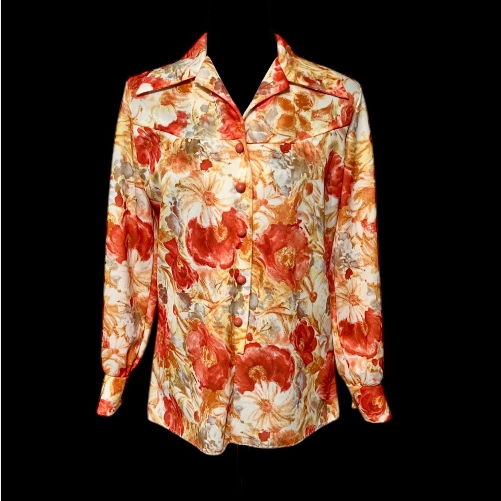 Lady Blair - Floral Orange/Gray/Wht Pullover Button Front Blouse - Size M